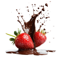Falling strawberry creating a dynamic chocolate splash in vibrant contrast, falling strawberry with chocolate splash isolated on white background png