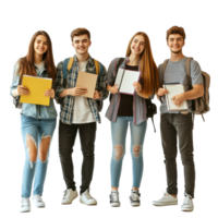 Group of happy students stand confidently with notebooks and backpacks in a bright studio setting, Happy group students standing with notebooks isolated on white backgroundimage png