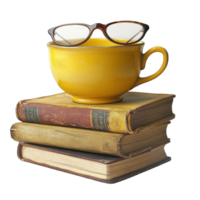 Yellow cup and glasses on a stack of old books create a cozy reading atmosphere, yellow cup with glasses sitting on top a stack books Transparent background png