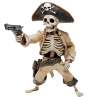 Skeleton pirate armed with a gun poses in a bold and adventurous manner, skeleton wearing a pirate hat and holding a gun, Transparent background png