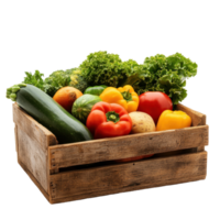 Colorful assortment of fresh vegetables in a wooden box on a bright Transparent background, Wooden Box with Fresh Vegetables on background png