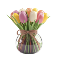 Colorful tulips arranged in a clear glass vase for decorative appeal in a serene setting at any time, Image number 5 with tulips inside and tulips decorated in front, isolated on white background png