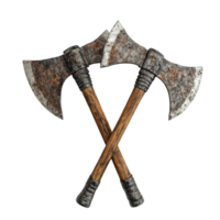 Medieval war axes crossed on a Transparent background showcasing historic weaponry craftsmanship, Medieval War Axes on background png