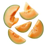 Cantaloupe melon slices arranged neatly on a white background showcasing vibrant colors and fresh texture, Cantaloupe melon slices isolated on white background png