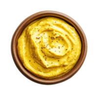 Mustard dip in a rustic bowl on a clean, Transparent background perfect for snacks and appetizers, mustard seeds in wood bowl isolated on background png
