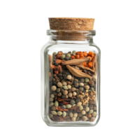 Glass spice jar filled with various spices against a Transparent background showcasing vibrant colors and textures, Clear Glass Spice Jar with Spices png