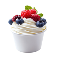 Delicious cup of creamy yoghurt topped with fresh raspberries, blueberries, and mint on a Transparent background, yoghurt in a cup isolated on background png