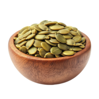 Pumpkin seeds in a wooden bowl isolated on a Transparent background for healthy snacking and cooking, Pumpkin seeds in wood bowl isolated on background png