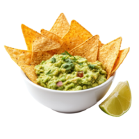 Guacamole bowl surrounded by crispy tortilla chips and a lime wedge on a bright background, Guacamole bowl with nachos tortilla chips isolated on white background png