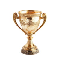 Golden trophy cup displayed on white background highlighting its intricate design and shiny surface, Golden trophy cup, Isolated on white png