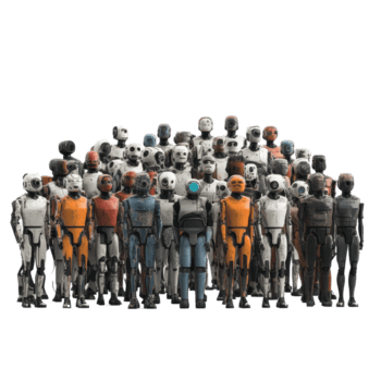 robot interagerar med stor grupp av människor i en modern miljö mot en transparent bakgrund, robot i en stor grupp människor, bakgrund png