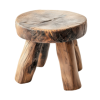 Unique wooden stool with rustic finish isolated against a bright Transparent background for home decor inspiration, Wooden stool isolated on background png
