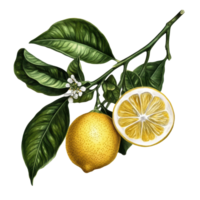 Detailed depiction of a lemon branch with leaves and a cross section on a Transparent background, Lemon Isolated on background Old Botanical realistic, background png