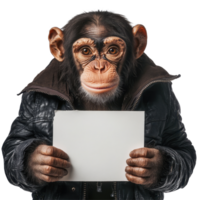 Monkey dressed in jacket holding blank sign in isolated background, Monkey Wearing Jacket And Holding Blank Sign isolated on Transparent background png