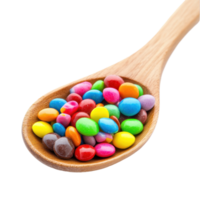 Colorful assortment of candy displayed in a wooden spoon isolated on a Transparent background, colorful candy in wood spoonisolated on background png
