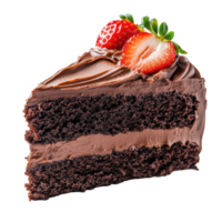 Delicious slice of chocolate cake with frosting and fresh strawberries ready to be enjoyed, piece chocolate cake with chocolate frosting and a strawberry, Transparent background png
