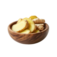 Ginger slices arranged in a wooden bowl resting on a white background provide a fresh and natural look, ginger slice in wood bowl isolated on white background png