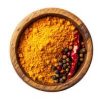 Ingredients for a flavorful dish with crushed red chili pepper and turmeric powder in a wooden bowl, Crushed red chili pepper Turmeric powder Peppercorn in wood bowl on Transparent background png