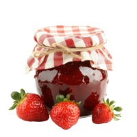 Homemade strawberry jam jar with gingham cloth cover and fresh strawberries on Transparent background, Jar Homemade Strawberry Jam with Gingham Cloth Cover on background png