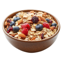 Nutritious muesli with berries and nuts served in a brown bowl on a Transparent background, muesli in bowlisolated on background png