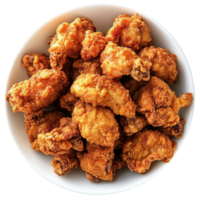 Crispy fried chicken pieces arranged in a white bowl on a clean white background, Fried Chicken Pieces on white background png
