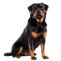 Rottweiler dog sitting proudly against a Transparent background showcasing its strong build and confident demeanor, Rottweiler dog isolated on White background png
