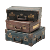 Old vintage suitcases stacked together against a Transparent background showcasing their travel history, Old suitcases isolated on background png