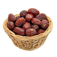 Freshly dried red dates in a woven basket showcasing traditional Chinese jujube fruit, Dried red date or Chinese jujube in basketisolated on Transparent background png