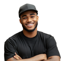 Smiling delivery man poses with cardboard boxes in a bustling warehouse after completing his delivery route, Smiling Delivery Man with Cardboard Boxes png