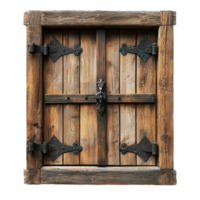 Wooden window with metal fixtures showcasing rustic craftsmanship and sturdy design, wooden window with a metal knock knock on it Transparent background png