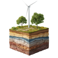 Sustainable energy source represented by wind turbine and layered earth structure with vegetation, Sustainable energy source with wind turbine and subsurface layers isolated on Transparent background png