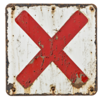 Old battered sign displaying a large red X mark, indicating restriction or caution at an unknown location, X Marked Object Interest An Old Battered Sign with a Red X on the Left Transparent background png