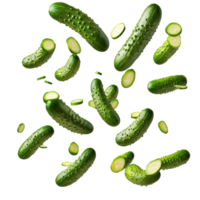 Falling cucumbers create a dynamic composition against a clean white background, Falling cucumbers isolated on white background png