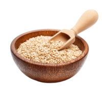 Golden sesame seeds in wooden bowl with scoop isolated on Transparent background, Sesame in wood bowl and scoop isolated on background png