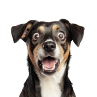 Shocked dog with wide eyes and open mouth on plain Transparent background expressing surprise or confusion, Shocked dog Expression on background png