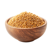 Mustard seeds displayed in a wooden bowl on a clean Transparent background for cooking and culinary use, mustard seeds in wood bowl isolated on background png