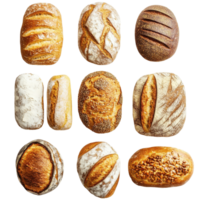 Artisan breads displayed on a Transparent background showcasing unique shapes and textures from a local bakery, Delicious different sort bread, bakery on background png