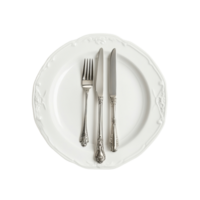 Elegant silverware arrangement with crossed fork and knife on a white plate for a refined dining experience, Silverware Crossed Fork and Knife on Plate, Transparent background png