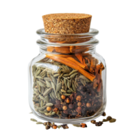 Clear glass spice jar filled with assorted spices on a Transparent background, Clear Glass Spice Jar with Spices png