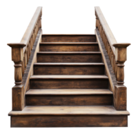Wooden staircase design with classic railings isolated against a clean white backdrop, Wooden staircase isolated on Transparent background png