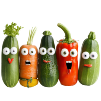 Group of playful vegetables with faces creating a fun and whimsical atmosphere on a white background, group vegetables with eyes and mouths, white background png