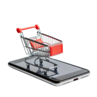 Shopping online through a smartphone with a mini shopping cart on the screen, smartphone with tiny shopping cart, shopping online concept, Transparent background png