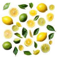 Fresh lemons and limes with vibrant green leaves isolated on a clean Transparent background, Lemons and Limes with Leaves isolated on background png