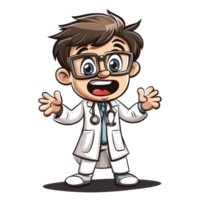 Cartoon doctor character with big glasses and cheerful expression on Transparent background, crazy cartoon doctor isolated on background png