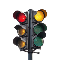 Traffic signal displaying red, yellow, and green lights at intersection during daytime hours, Traffic Light with Red, Yellow, and Green Lamps on Transparent background Road Signalization Concept png
