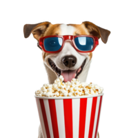 Dog in glasses enjoying popcorn in a playful mood at home, dog wearing 3d glasses and eating a bucket popcornTransparent backgroundbackgroung background png