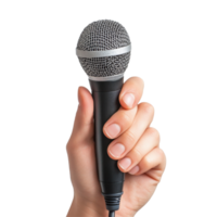 Hand holding a microphone ready for singing or public speaking in a bright setting, Hand Holding Microphone for Singing or Public Speaking on white background png
