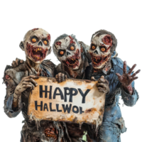 Zombies cheerfully display happy Halloween signs on a Transparent background for festive celebration, Zombies Holding Happy Halloween Signs on background png