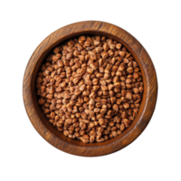 Buckwheat grains in a wooden bowl set against a clean white backdrop highlighting natural textures and colors, Buckwheat in wood bowlisolated on white background png