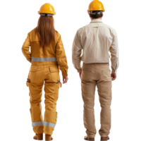 Couple in construction attire standing together back view on an isolated background, Couple in Construction Attire Back View isolated on Transparent background png